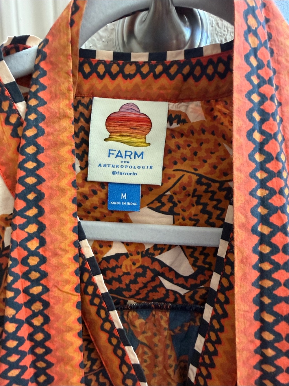 FARM Rio Burnt Orange, Navy & Cream Tiered Mini Dress with Scarf Tie - Picture 2 of 4